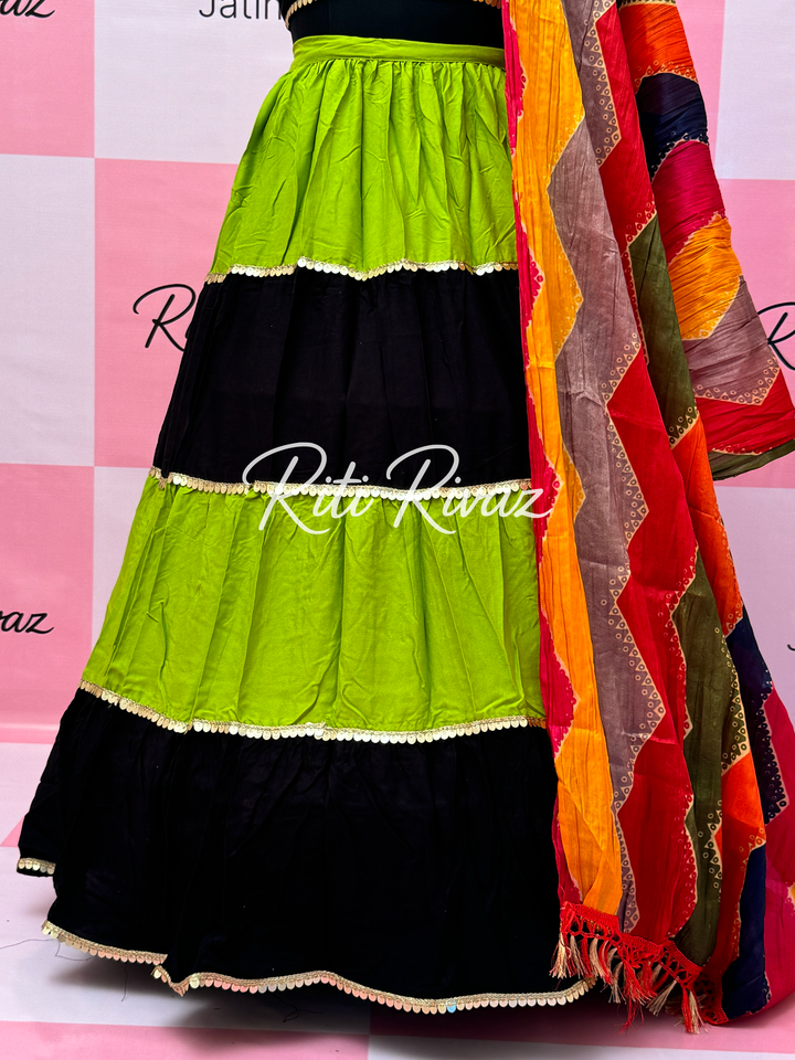 Parrot Green and Black Rayon Traditional Navratri Lehenga Choli