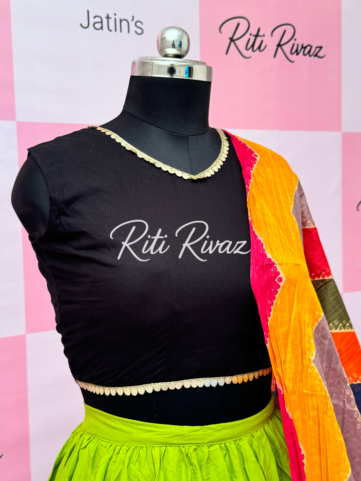 Parrot Green and Black Rayon Traditional Navratri Lehenga Choli
