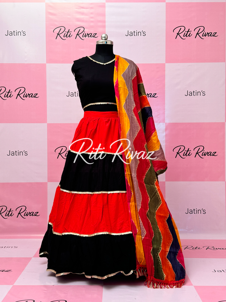 Red and Black Rayon Traditional Navratri Lehenga Choli