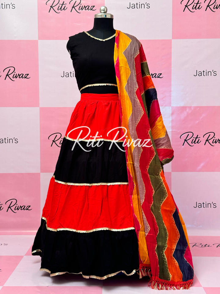 Red and Black Rayon Traditional Navratri Lehenga Choli
