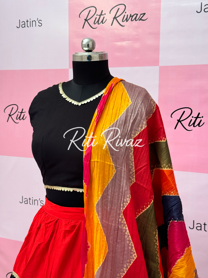 Red and Black Rayon Traditional Navratri Lehenga Choli