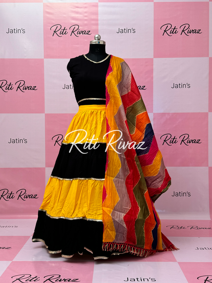 Yellow and Black Rayon Traditional Navratri Lehenga Choli