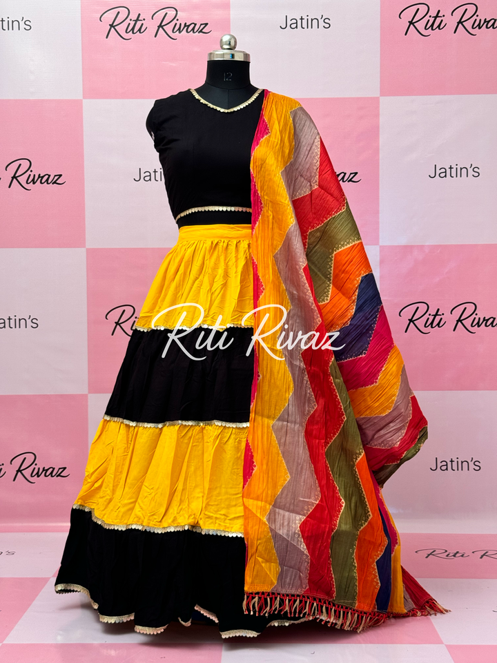 Yellow and Black Rayon Traditional Navratri Lehenga Choli