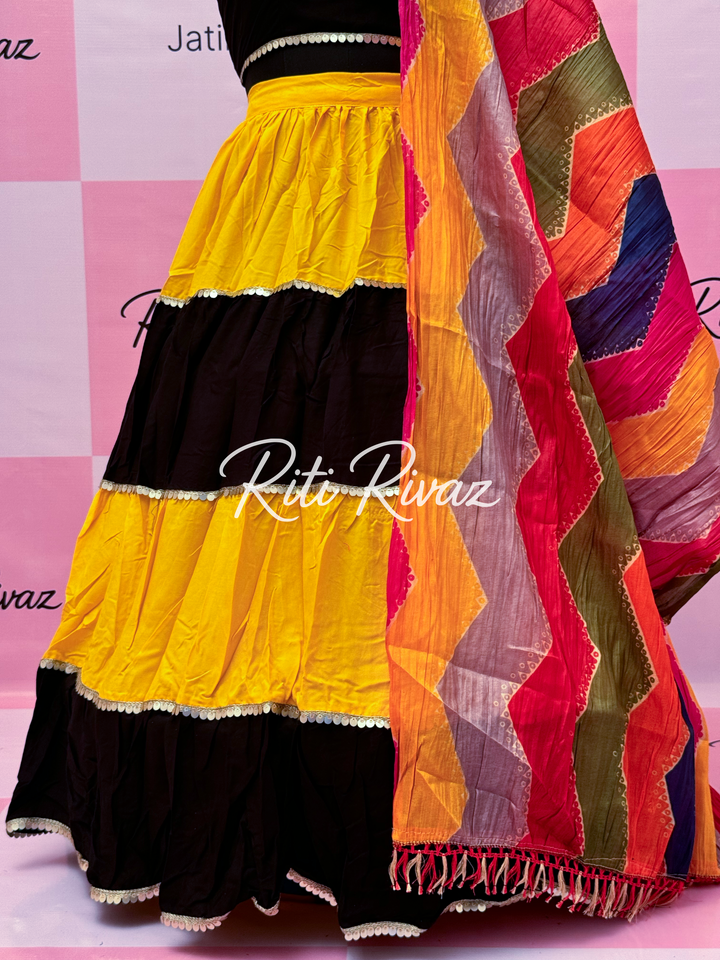 Yellow and Black Rayon Traditional Navratri Lehenga Choli