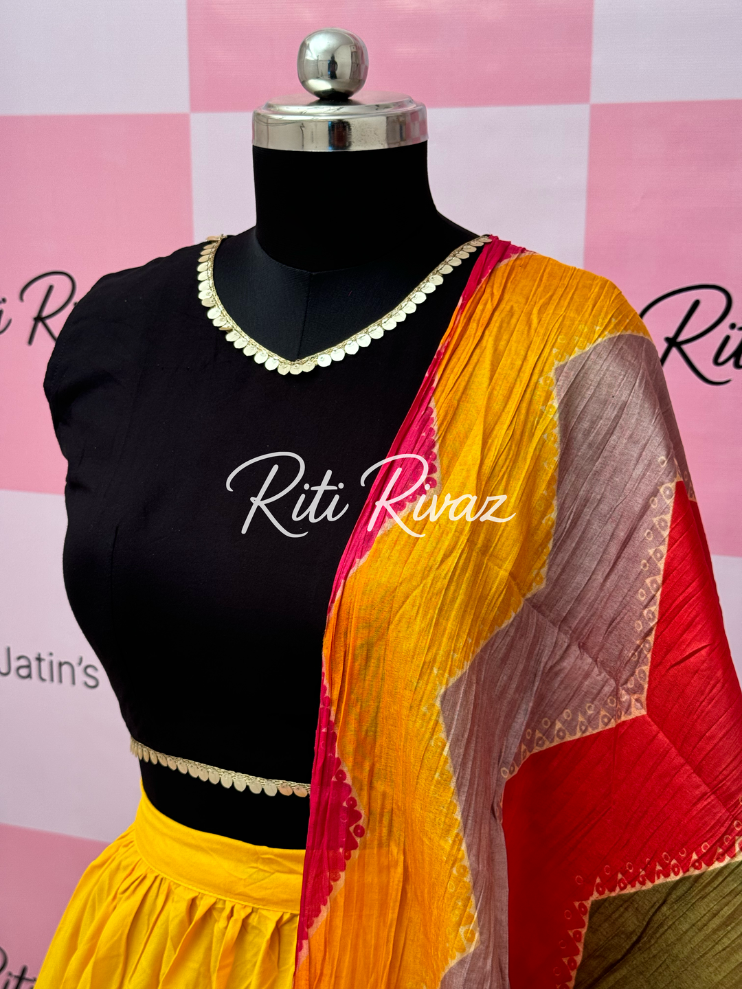 Yellow and Black Rayon Traditional Navratri Lehenga Choli