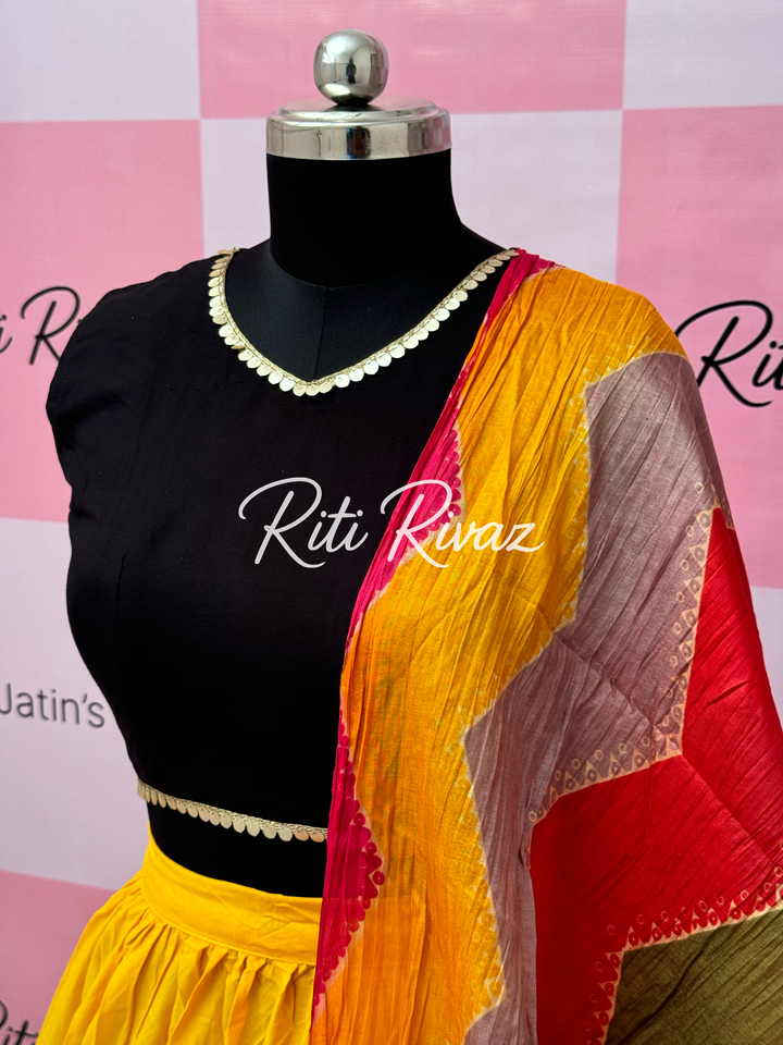 Yellow and Black Rayon Traditional Navratri Lehenga Choli