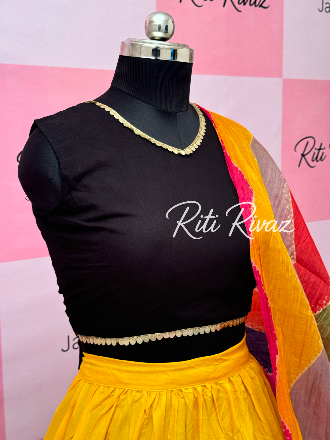 Yellow and Black Rayon Traditional Navratri Lehenga Choli