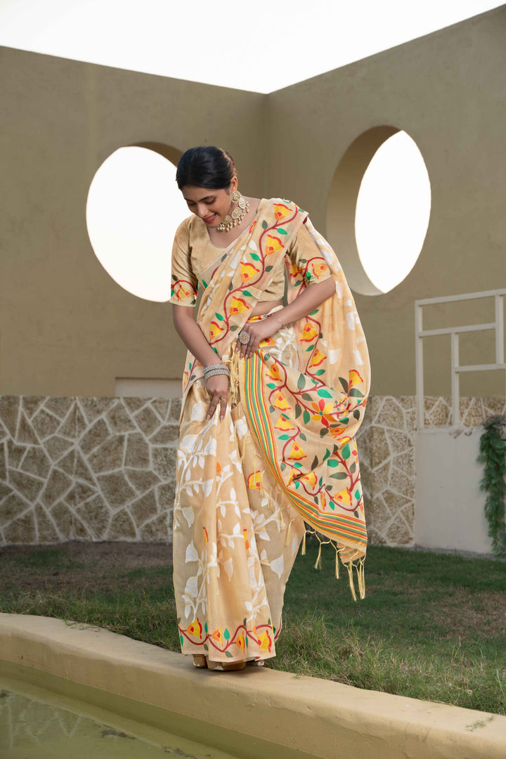 Beige Color Jamdani Soft Cotton Saree With Unstitched Blouse Piece
