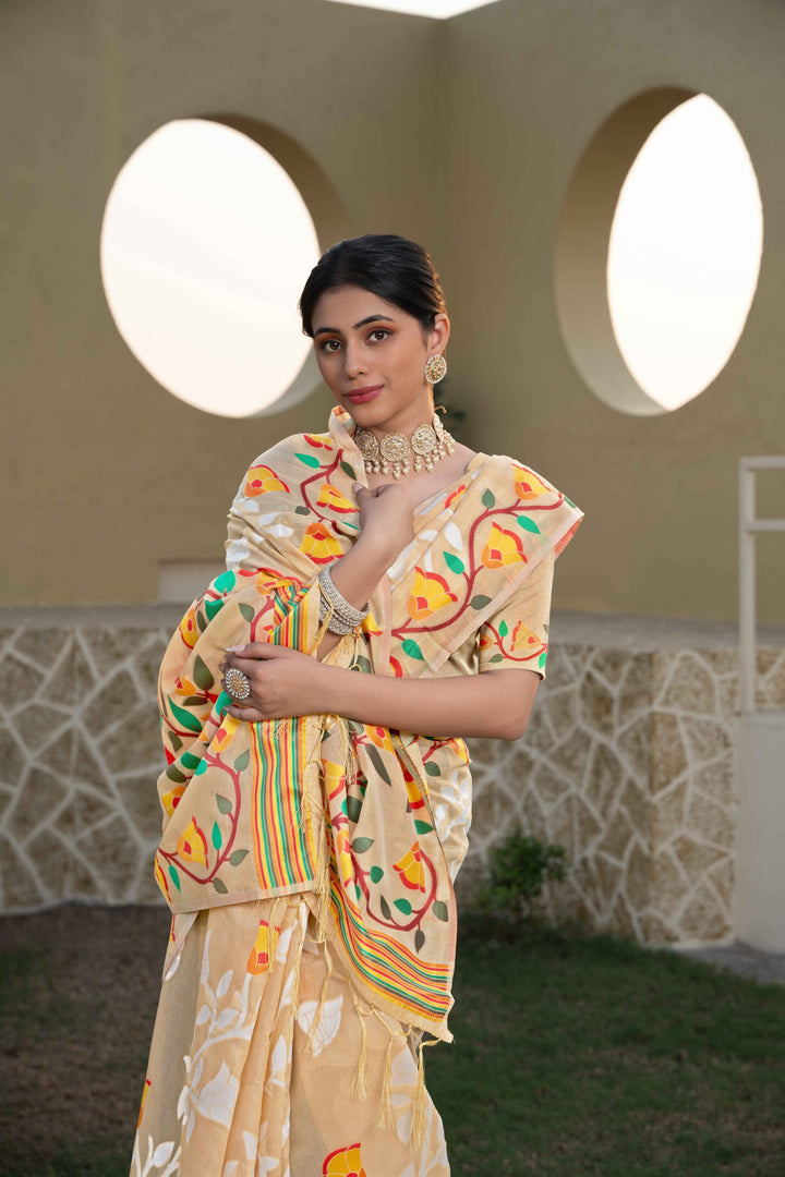 Beige Color Jamdani Soft Cotton Saree With Unstitched Blouse Piece