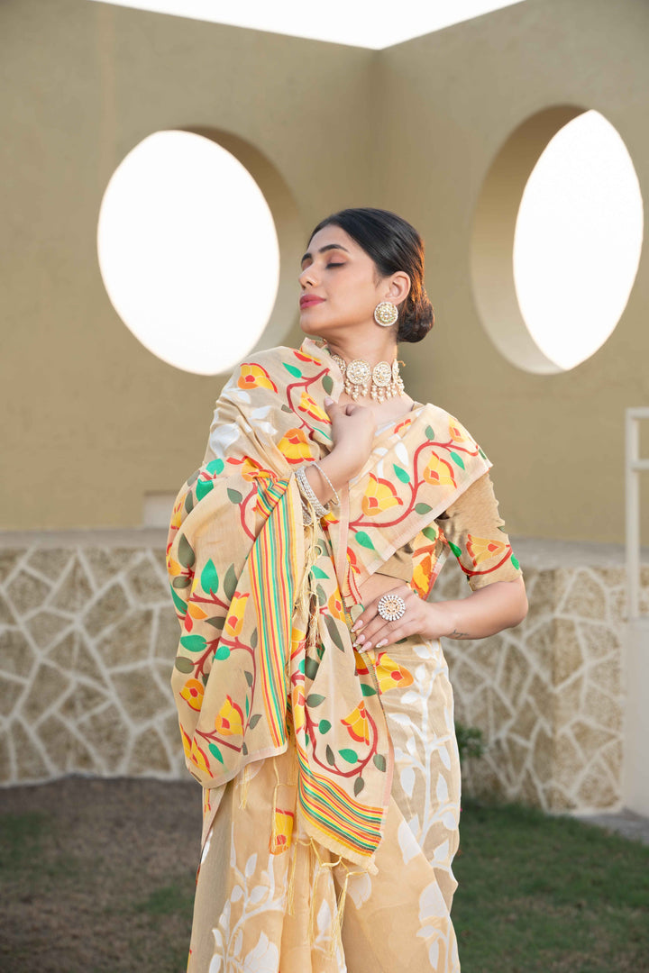 Beige Color Jamdani Soft Cotton Saree With Unstitched Blouse Piece