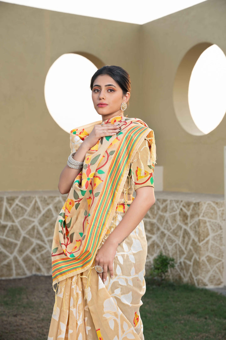 Beige Color Jamdani Soft Cotton Saree With Unstitched Blouse Piece