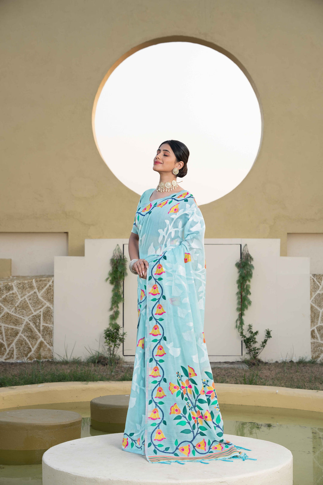 Blue Color Jamdani Soft Cotton Saree With Unstitched Blouse Piece