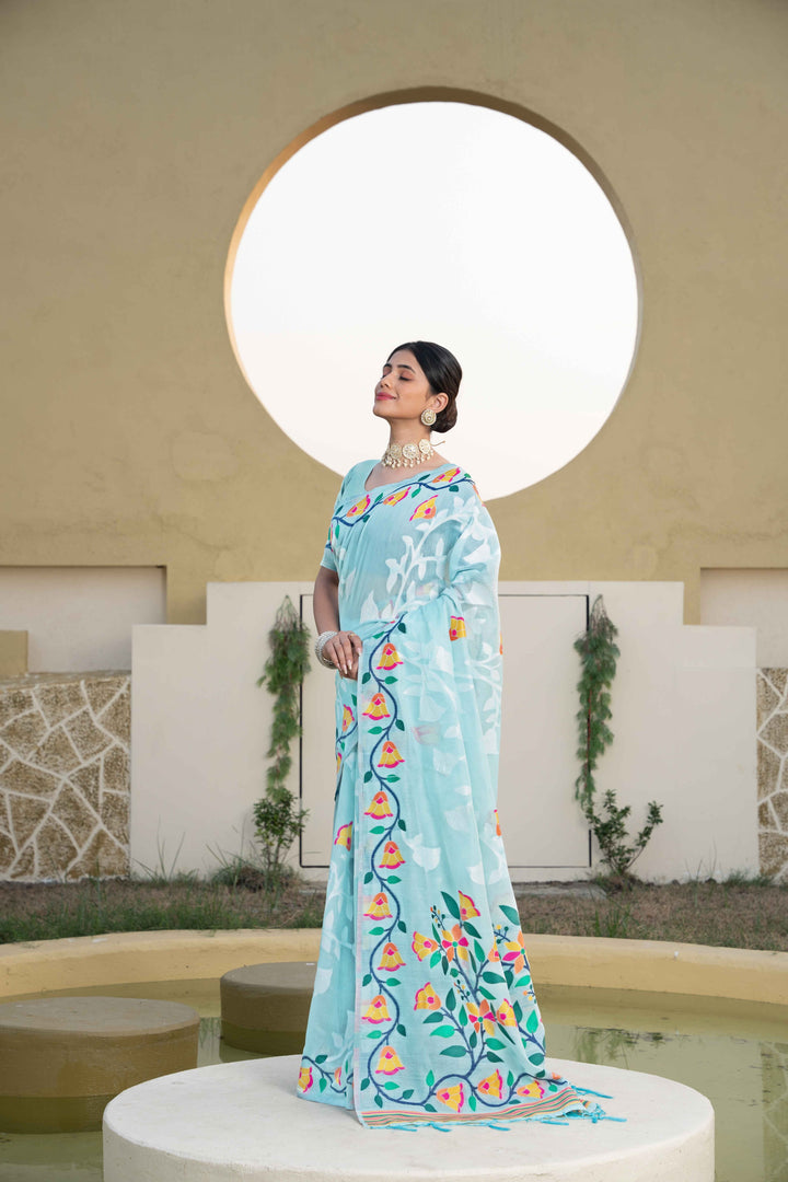 Blue Color Jamdani Soft Cotton Saree With Unstitched Blouse Piece