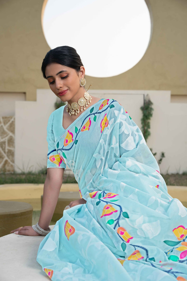 Blue Color Jamdani Soft Cotton Saree With Unstitched Blouse Piece