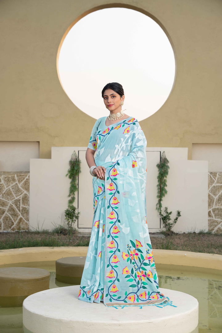 Blue Color Jamdani Soft Cotton Saree With Unstitched Blouse Piece