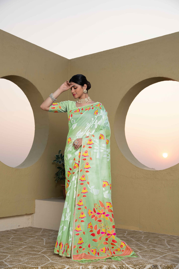 Green Color Jamdani Soft Cotton Saree With Unstitched Blouse Piece