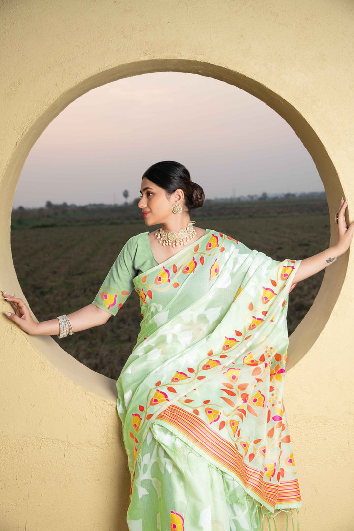 Green Color Jamdani Soft Cotton Saree With Unstitched Blouse Piece