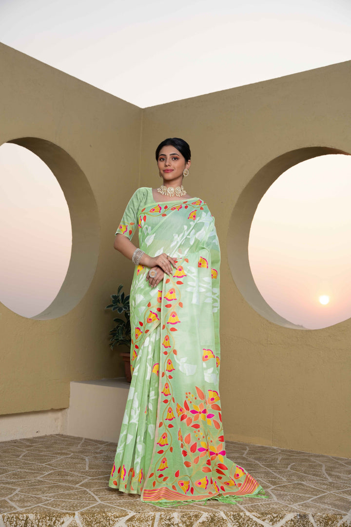 Green Color Jamdani Soft Cotton Saree With Unstitched Blouse Piece