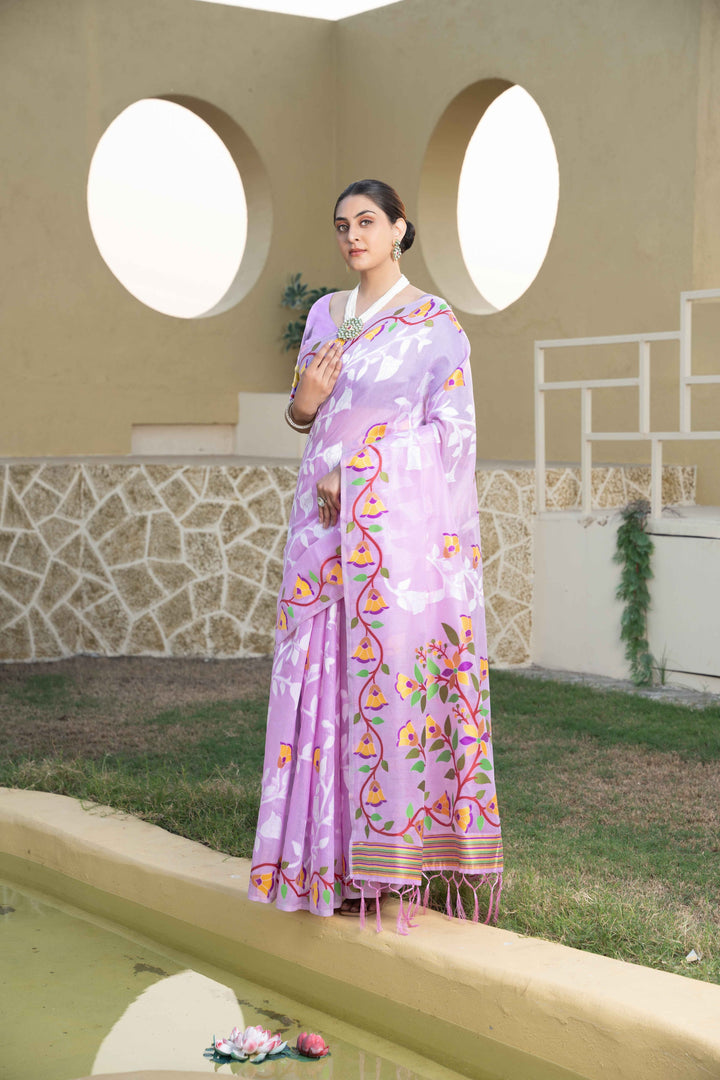 Lavender Color Jamdani Soft Cotton Saree With Unstitched Blouse Piece