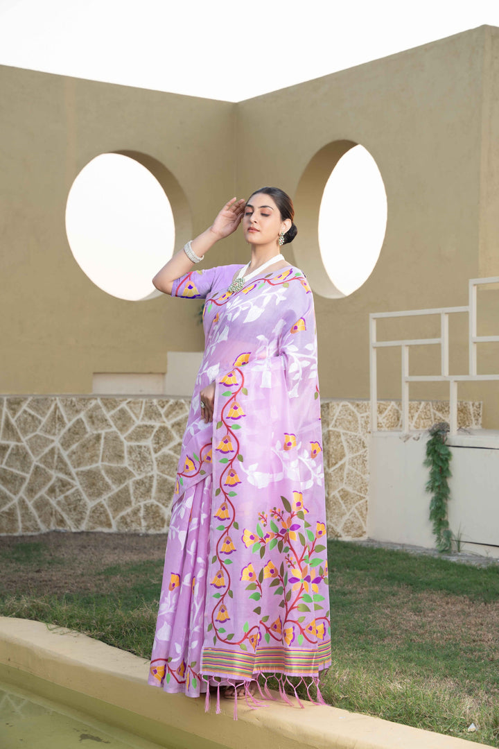 Lavender Color Jamdani Soft Cotton Saree With Unstitched Blouse Piece
