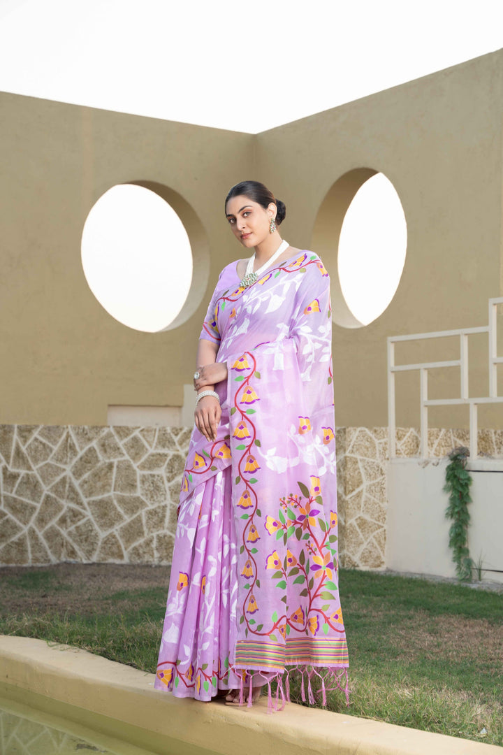 Lavender Color Jamdani Soft Cotton Saree With Unstitched Blouse Piece