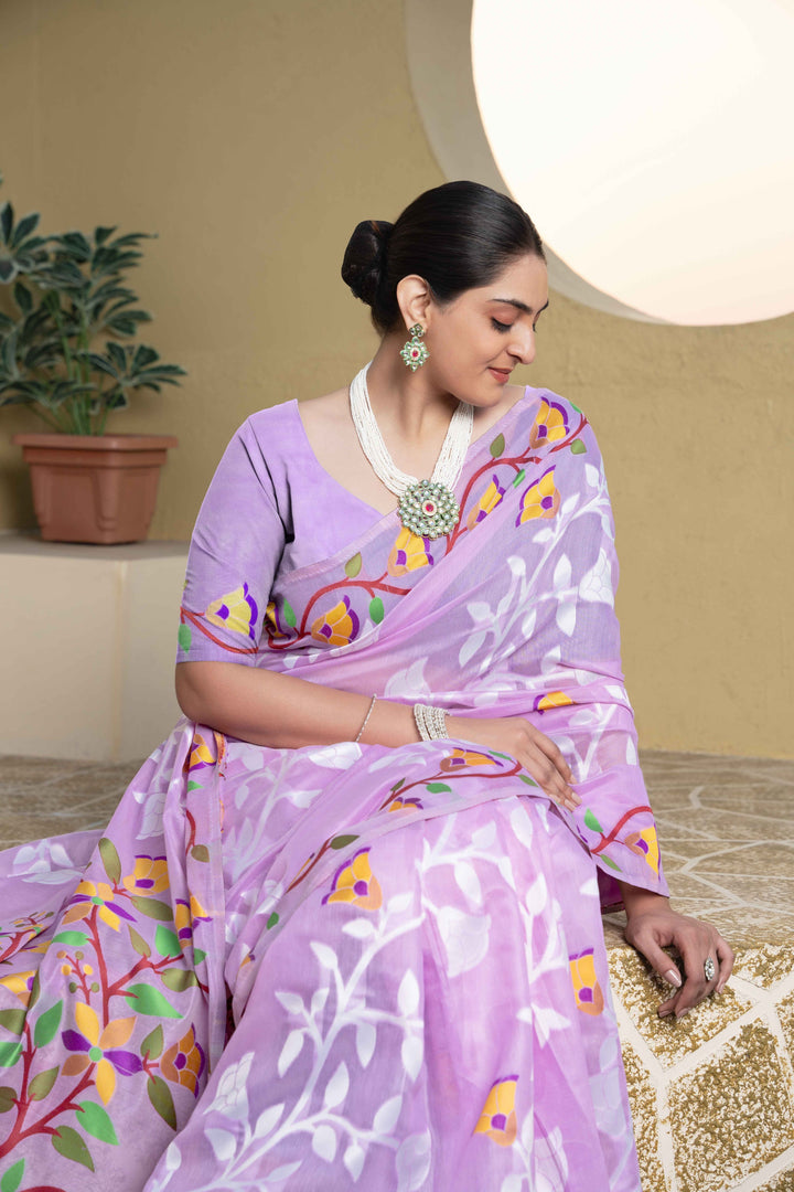 Lavender Color Jamdani Soft Cotton Saree With Unstitched Blouse Piece