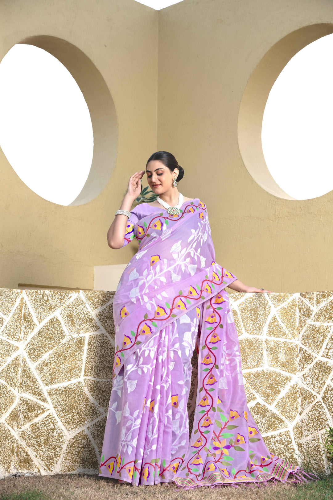 Lavender Color Jamdani Soft Cotton Saree With Unstitched Blouse Piece