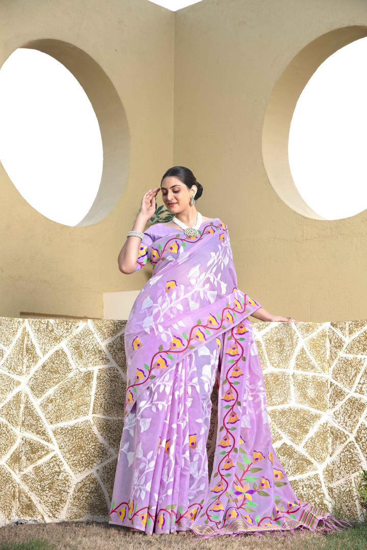 Lavender Color Jamdani Soft Cotton Saree With Unstitched Blouse Piece