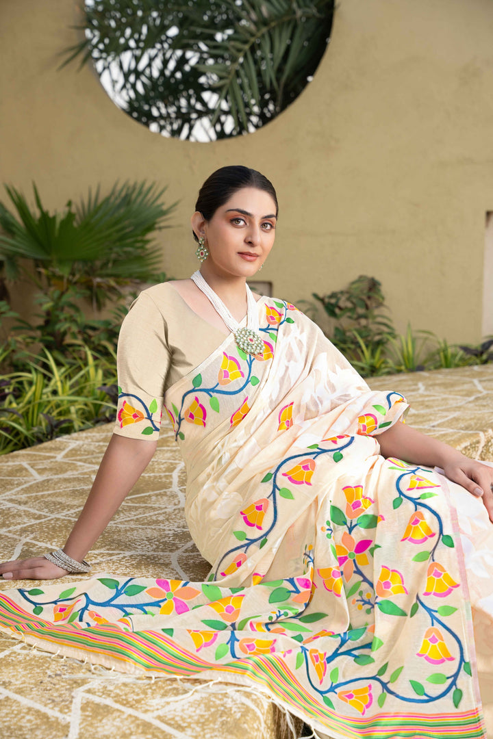 Off-White Color Jamdani Soft Cotton Saree With Unstitched Blouse Piece