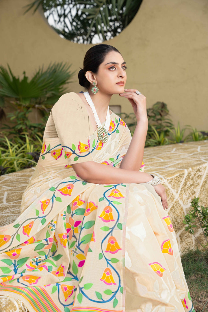 Off-White Color Jamdani Soft Cotton Saree With Unstitched Blouse Piece
