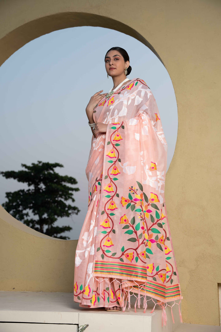 Peach Color Jamdani Soft Cotton Saree With Unstitched Blouse Piece