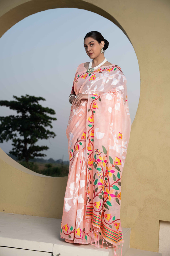 Peach Color Jamdani Soft Cotton Saree With Unstitched Blouse Piece