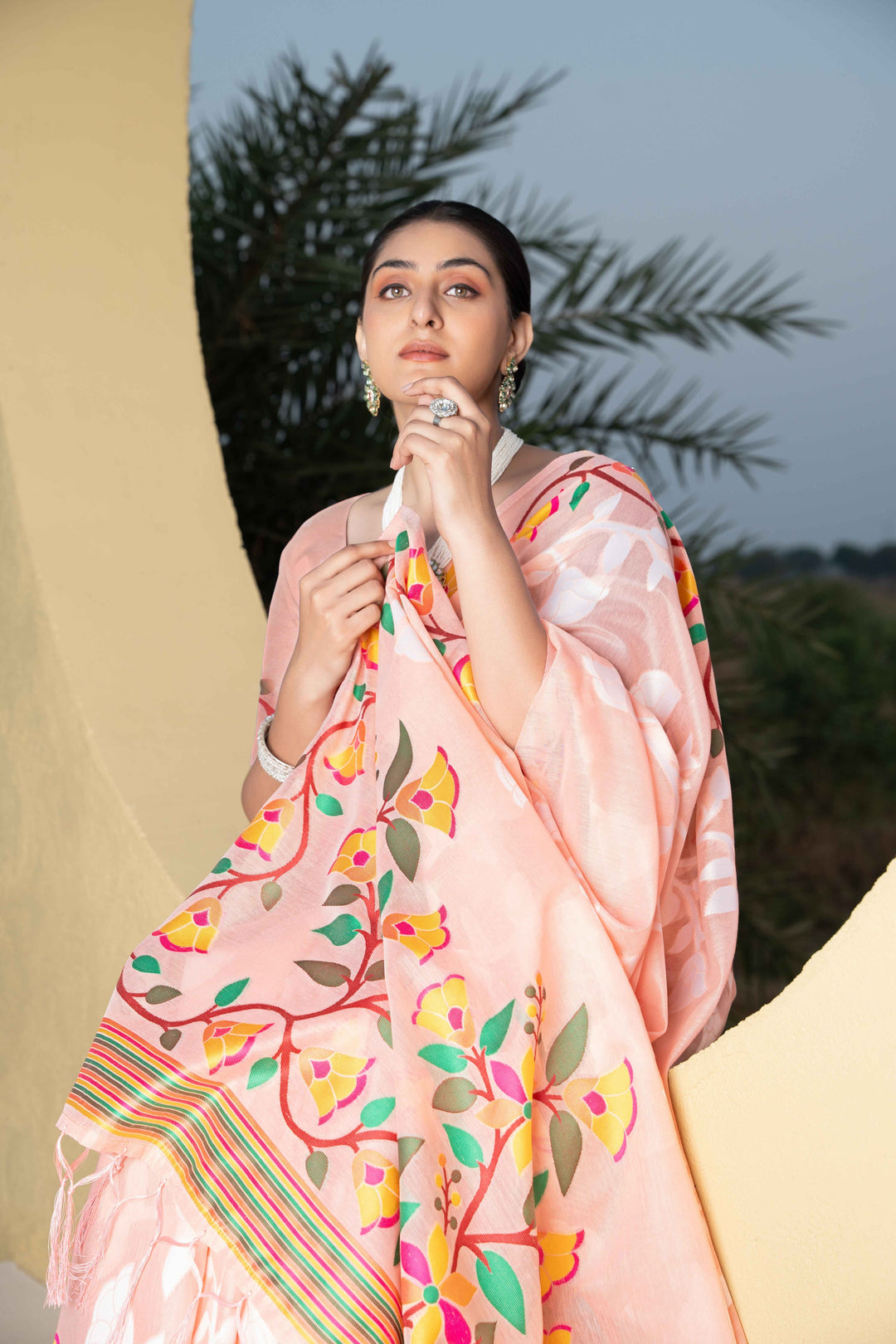 Peach Color Jamdani Soft Cotton Saree With Unstitched Blouse Piece