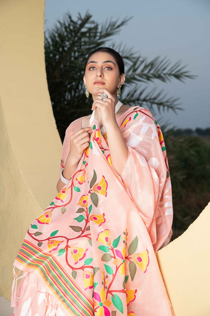 Peach Color Jamdani Soft Cotton Saree With Unstitched Blouse Piece