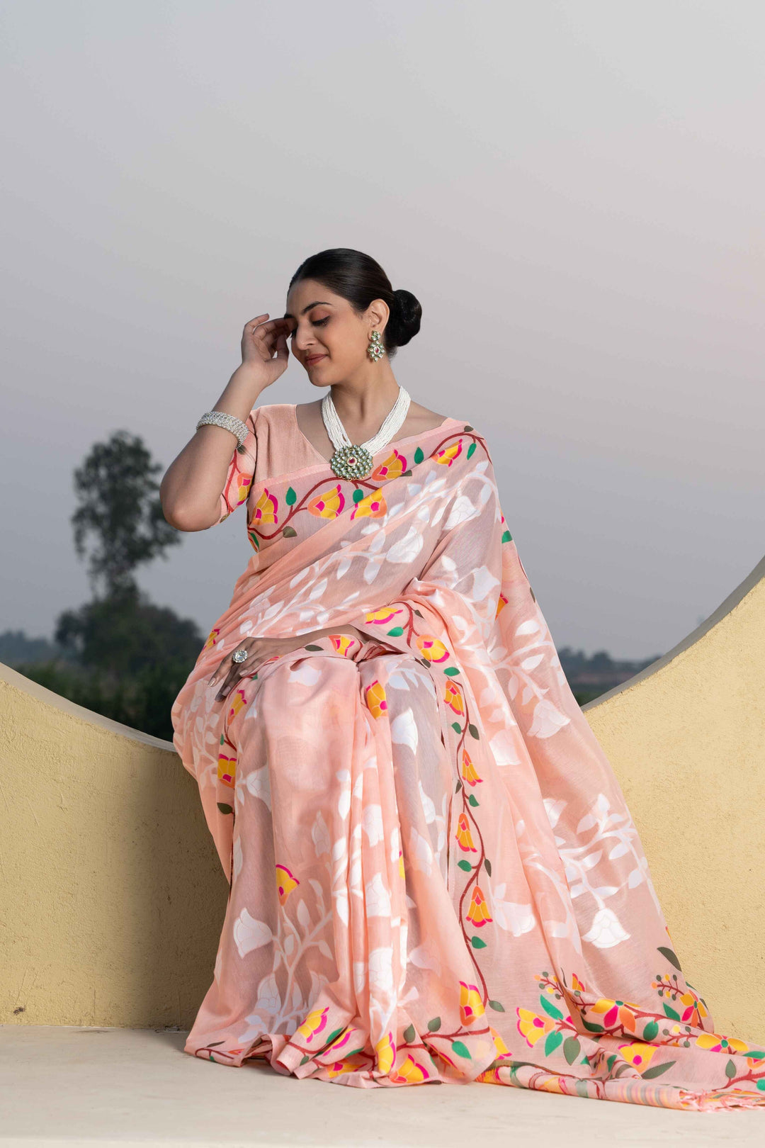Peach Color Jamdani Soft Cotton Saree With Unstitched Blouse Piece