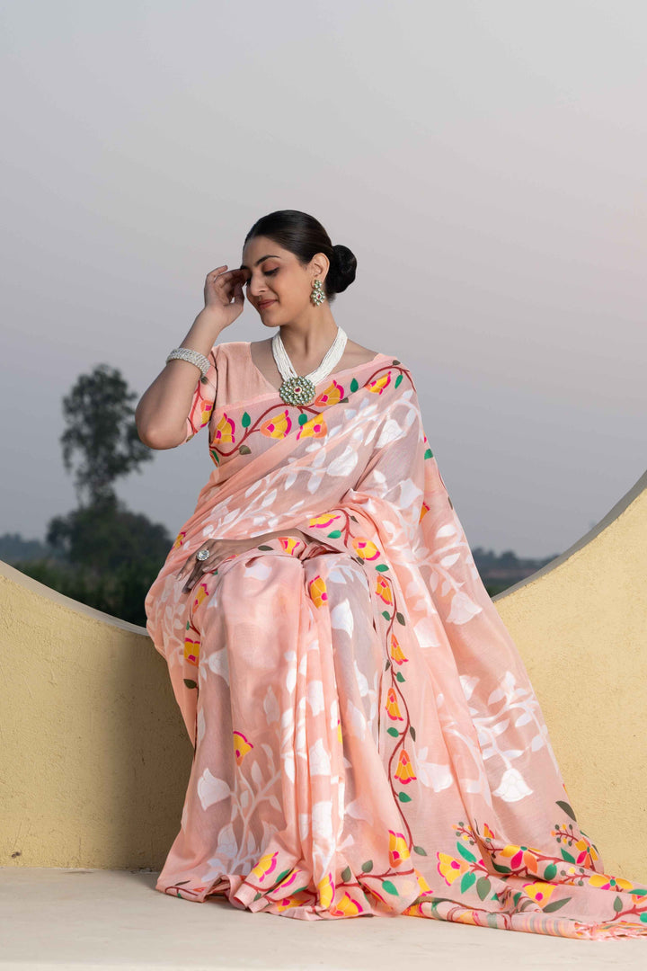 Peach Color Jamdani Soft Cotton Saree With Unstitched Blouse Piece