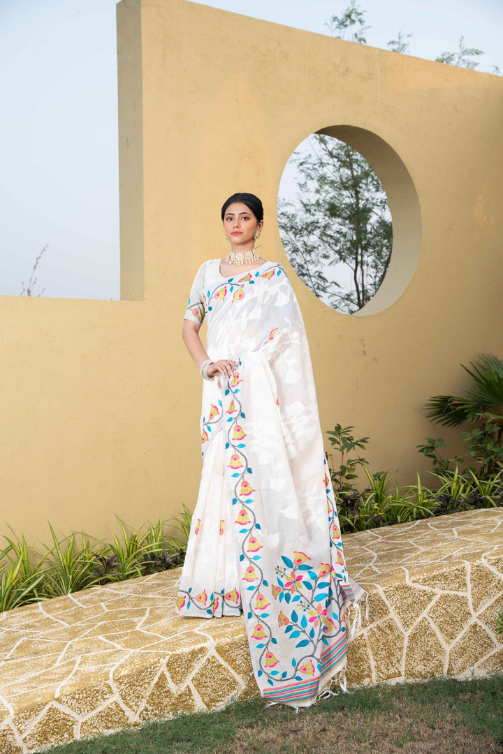 White Color Jamdani Soft Cotton Saree With Unstitched Blouse Piece