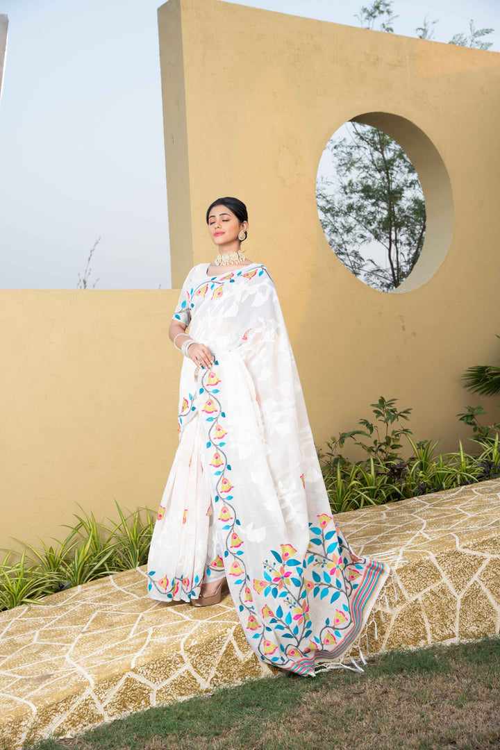 White Color Jamdani Soft Cotton Saree With Unstitched Blouse Piece