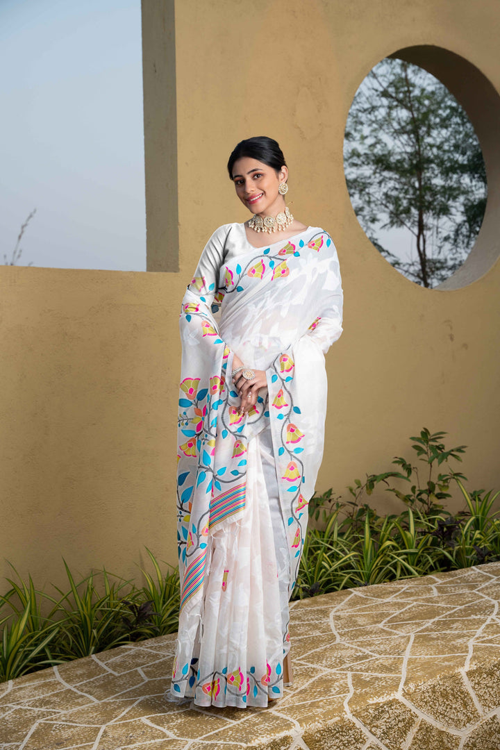 White Color Jamdani Soft Cotton Saree With Unstitched Blouse Piece