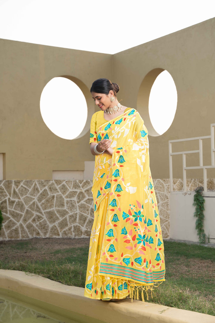 Yellow Color Jamdani Soft Cotton Saree With Unstitched Blouse Piece