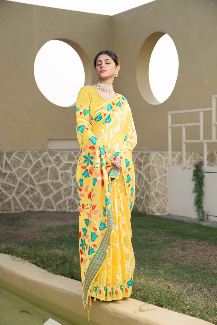 Yellow Color Jamdani Soft Cotton Saree With Unstitched Blouse Piece