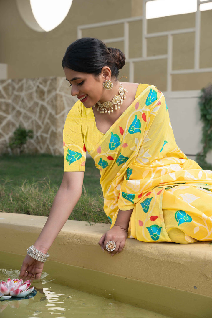 Yellow Color Jamdani Soft Cotton Saree With Unstitched Blouse Piece