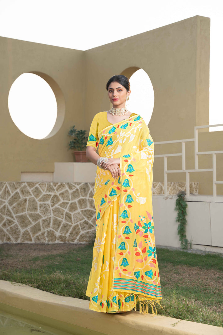 Yellow Color Jamdani Soft Cotton Saree With Unstitched Blouse Piece
