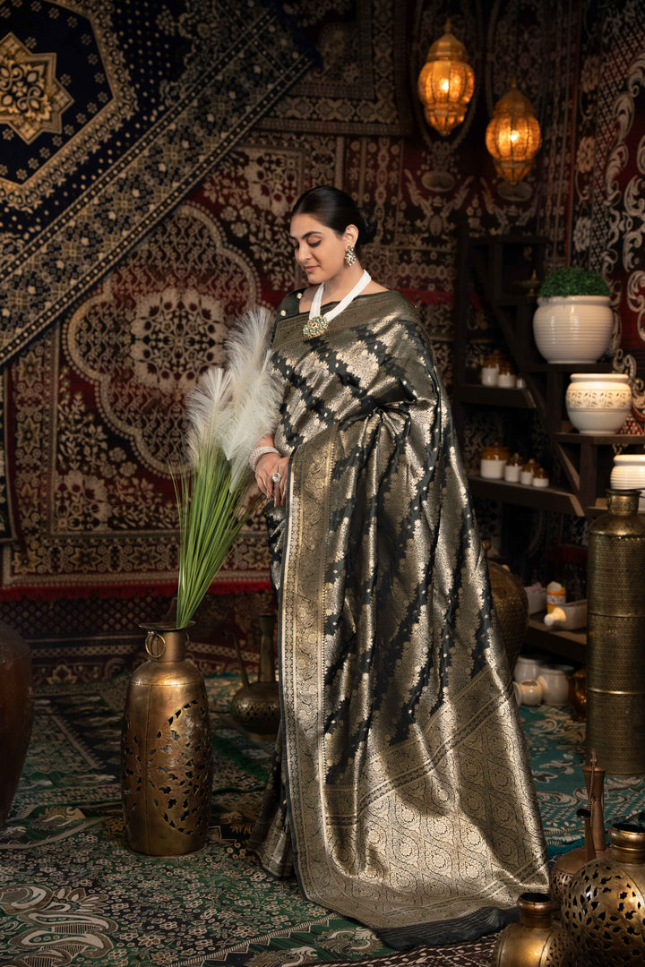 Black Color Banarasi Silk Saree With Zari Woven Design With Unstitched Blouse Piece