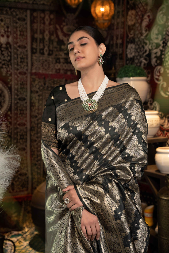 Black Color Banarasi Silk Saree With Zari Woven Design With Unstitched Blouse Piece