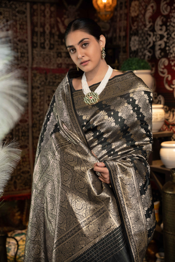 Black Color Banarasi Silk Saree With Zari Woven Design With Unstitched Blouse Piece