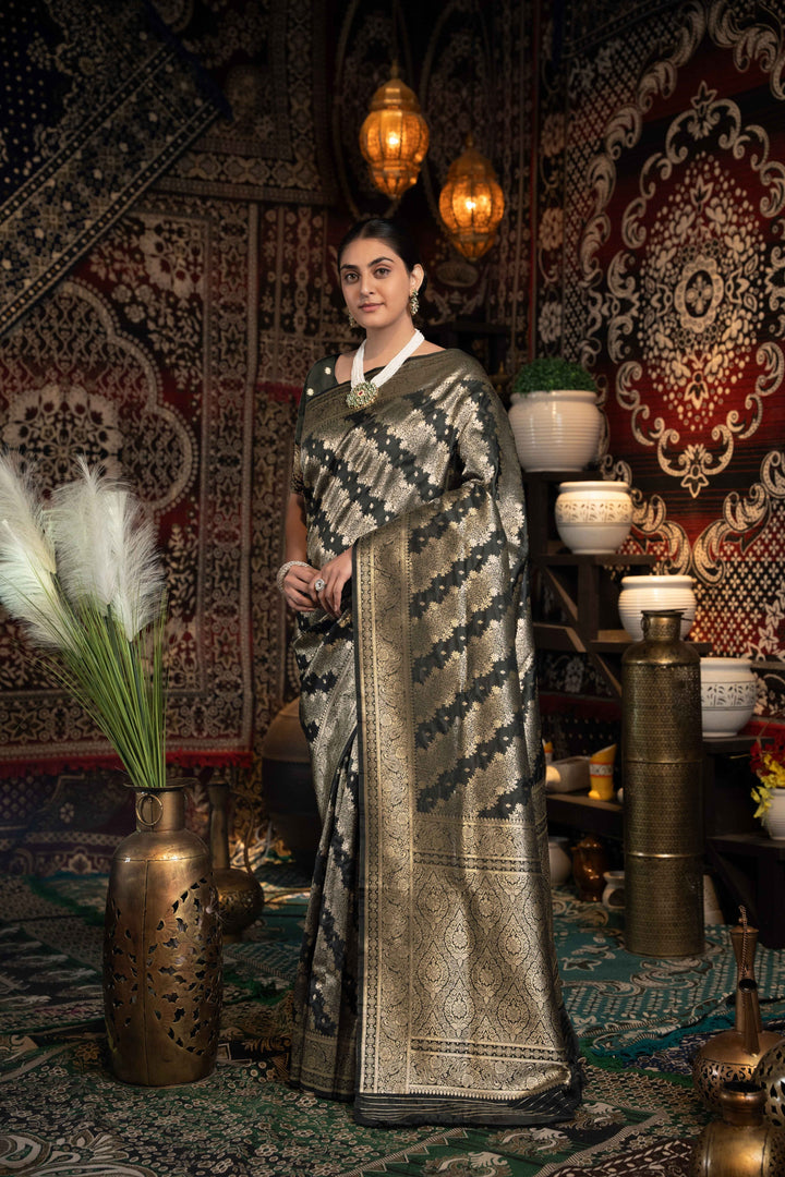 Black Color Banarasi Silk Saree With Zari Woven Design With Unstitched Blouse Piece