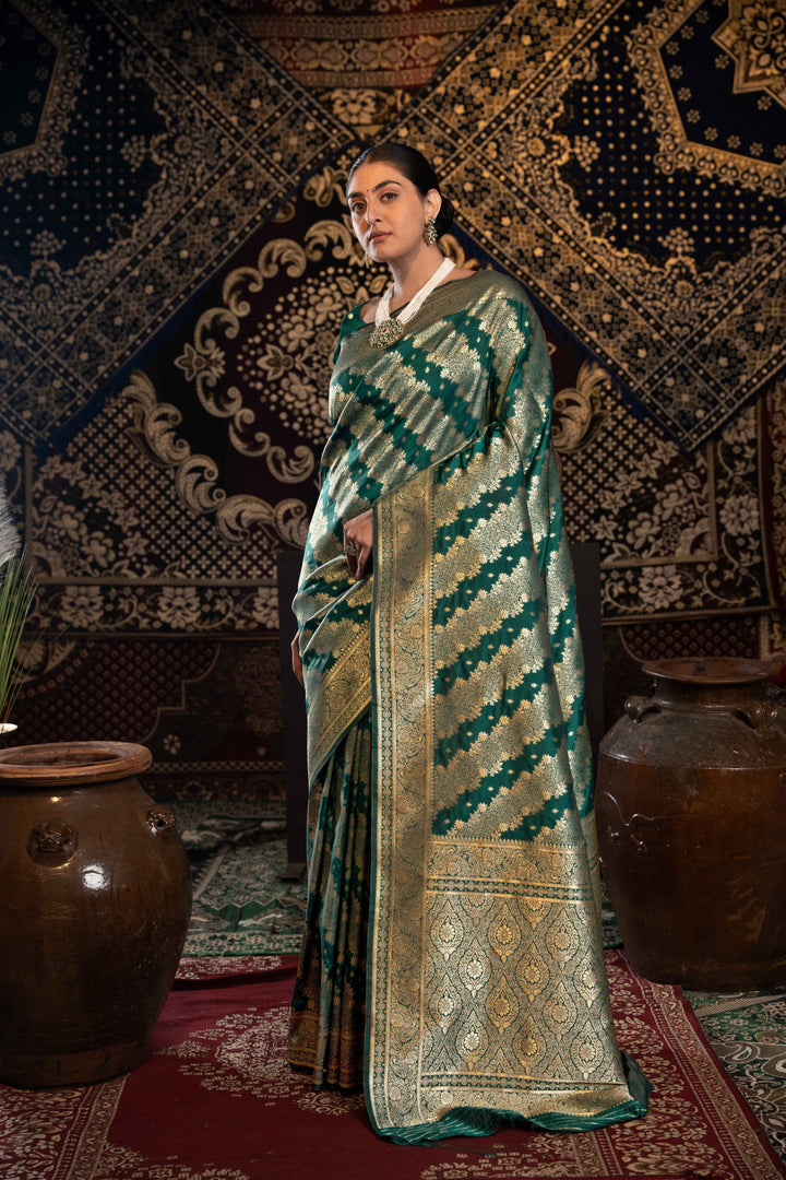 Green Color Banarasi Silk Saree With Zari Woven Design With Unstitched Blouse Piece