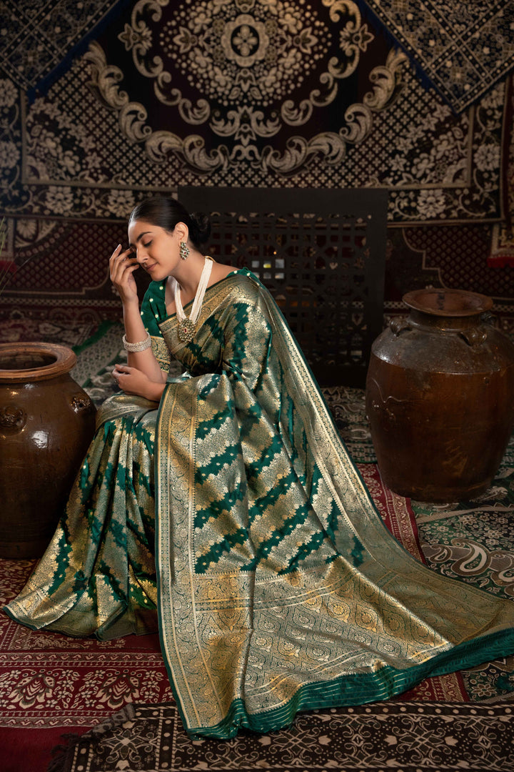 Green Color Banarasi Silk Saree With Zari Woven Design With Unstitched Blouse Piece