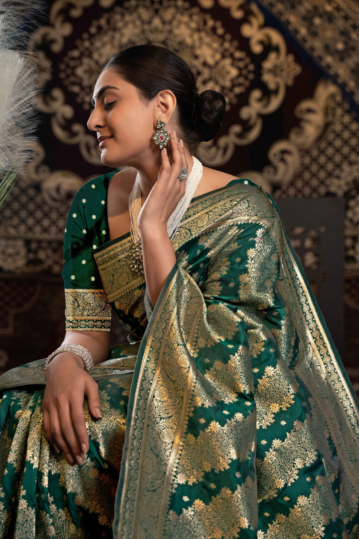 Green Color Banarasi Silk Saree With Zari Woven Design With Unstitched Blouse Piece